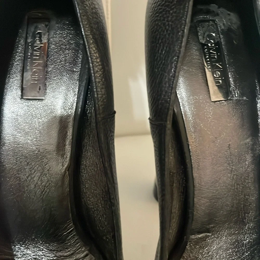 Vintage runway Calvin Klein Collection black leather heels metal platform 7.5